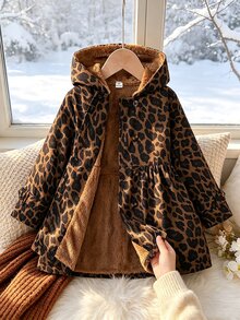 SHEIN Elladie kids 女童豹紋連帽夾克，抓絨內裡，雙排扣長袖休閒外套，秋冬款 - 棕色 - 查看 4