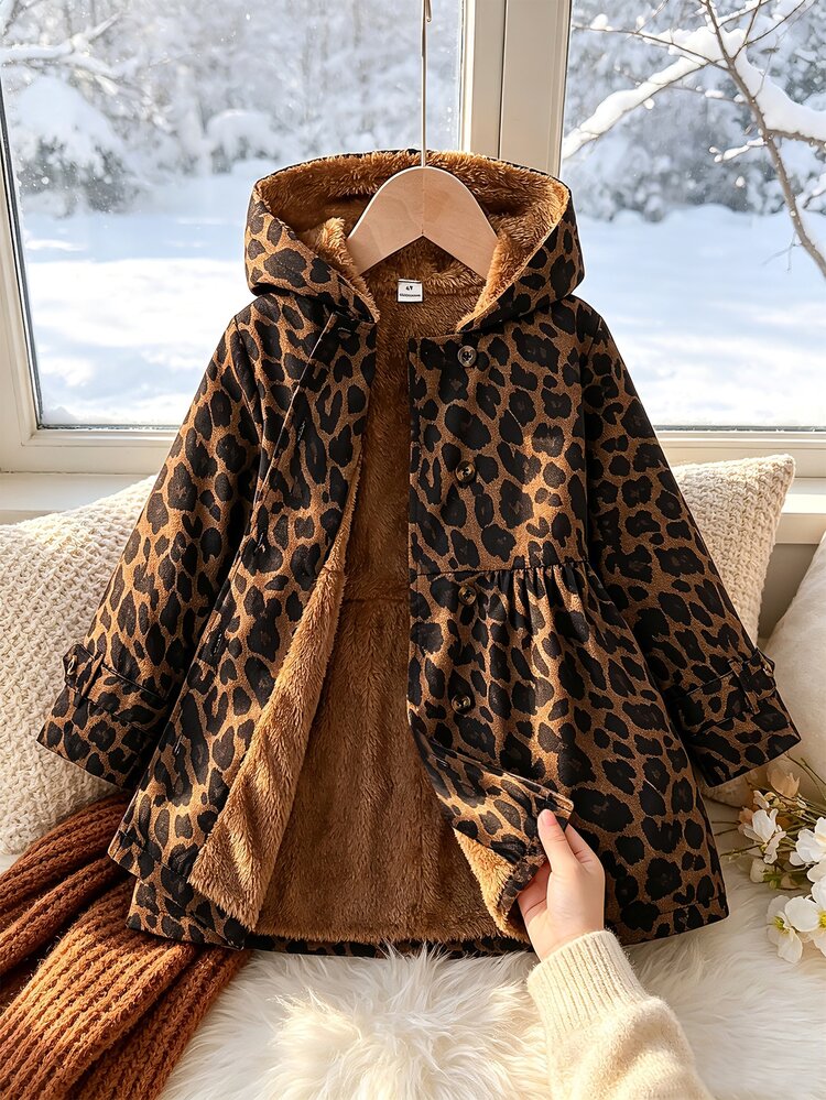 SHEIN Elladie kids Young Girl Leopard Print Hooded Jacket With Fleece Lining, Double Breasted Long Sleeve Casual Coat F Autumn Winter - Brown - View 4