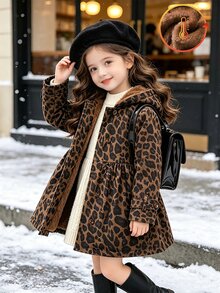 SHEIN Elladie kids 女童豹紋連帽夾克，抓絨內裡，雙排扣長袖休閒外套，秋冬款 - 棕色 - 查看 1