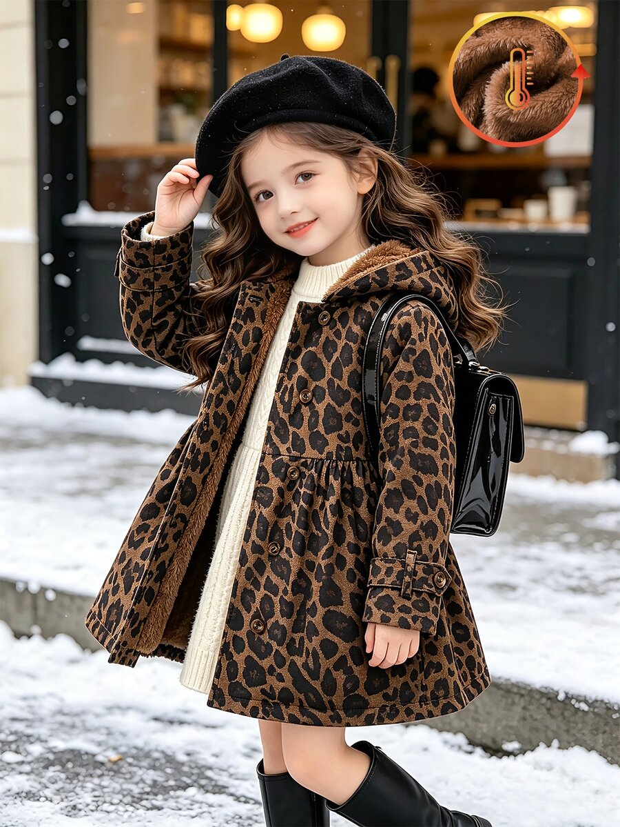SHEIN Elladie kids 女童豹紋連帽夾克,抓絨內裡,雙排扣長袖休閒外套,秋冬款 - 棕色 - 查看 1