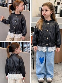 SHEIN Elladie kids 女童荷葉領人造皮革夾克 時尚珍珠鈕扣蕾絲飾邊下擺 PU夾克 秋冬款 - 黑色 - 查看 5