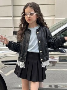 SHEIN Elladie kids 女童荷葉領人造皮革夾克 時尚珍珠鈕扣蕾絲飾邊下擺 PU夾克 秋冬款 - 黑色 - 查看 4