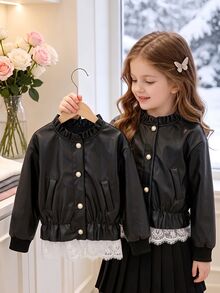 SHEIN Elladie kids 女童荷葉領人造皮革夾克 時尚珍珠鈕扣蕾絲飾邊下擺 PU夾克 秋冬款 - 黑色 - 查看 1