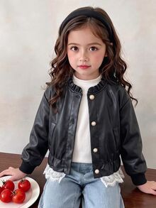 SHEIN Elladie kids 女童荷葉領人造皮革夾克 時尚珍珠鈕扣蕾絲飾邊下擺 PU夾克 秋冬款 - 黑色 - 查看 3