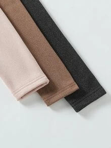 SHEIN Elladie kids 女童休閒舒適丹寧風針織保暖內裡內搭褲，多件套裝，適合春季，嬰兒棕紫色 - 彩色 - 查看 3