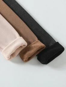 SHEIN Elladie kids 女童休閒舒適丹寧風針織保暖內裡內搭褲，多件套裝，適合春季，嬰兒棕紫色 - 彩色 - 查看 6