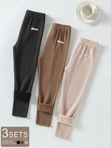 SHEIN Elladie kids 女童休閒舒適丹寧風針織保暖內裡內搭褲，多件套裝，適合春季，嬰兒棕紫色 - 彩色 - 查看 2