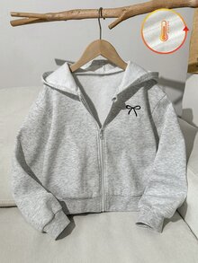 SHEIN Girls' Thermal Lined Jacket, Solid Color Fashion Bow Jacket For Autumn/Winter, Front Bow Embroidery Pattern, Youthful And Vibrant Style, Suitable For Daily Outdoor Wear - Light Grey - View 4