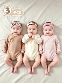 SHEIN Newborn Baby Girl & Boy 3-Piece Set, Cream, Striped, Light Brown Solid Color, Cross Front, Comfortable, Cute, Fun, Elegant, Minimalist, Fashionable, Long Sleeve, Elastic, Romper, Bodysuit, Multi-Piece Set - Multicolor - View 3