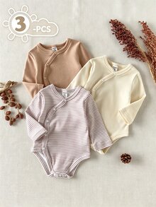 SHEIN Newborn Baby Girl & Boy 3-Piece Set, Cream, Striped, Light Brown Solid Color, Cross Front, Comfortable, Cute, Fun, Elegant, Minimalist, Fashionable, Long Sleeve, Elastic, Romper, Bodysuit, Multi-Piece Set - Multicolor - View 1