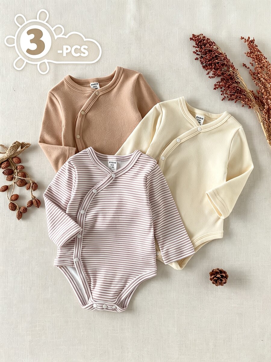 SHEIN Newborn Baby Girl & Boy 3-Piece Set, Cream, Striped, Light Brown Solid Color, Cross Front, Comfortable, Cute, Fun, Elegant, Minimalist, Fashionable, Long Sleeve, Elastic, Romper, Bodysuit, Multi-Piece Set - Multicolor - View 1