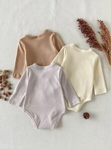 SHEIN Newborn Baby Girl & Boy 3-Piece Set, Cream, Striped, Light Brown Solid Color, Cross Front, Comfortable, Cute, Fun, Elegant, Minimalist, Fashionable, Long Sleeve, Elastic, Romper, Bodysuit, Multi-Piece Set - Multicolor - View 2