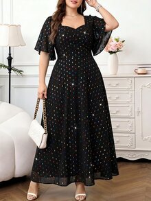 Reflora Plus Size Women's Colorful Polka Dot Sweetheart Neckline Ruffle Short Sleeve Elegant Dress Christmas - Black - View 7