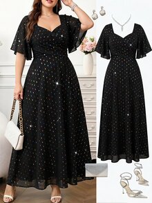 Reflora Plus Size Women's Colorful Polka Dot Sweetheart Neckline Ruffle Short Sleeve Elegant Dress Christmas - Black - View 2
