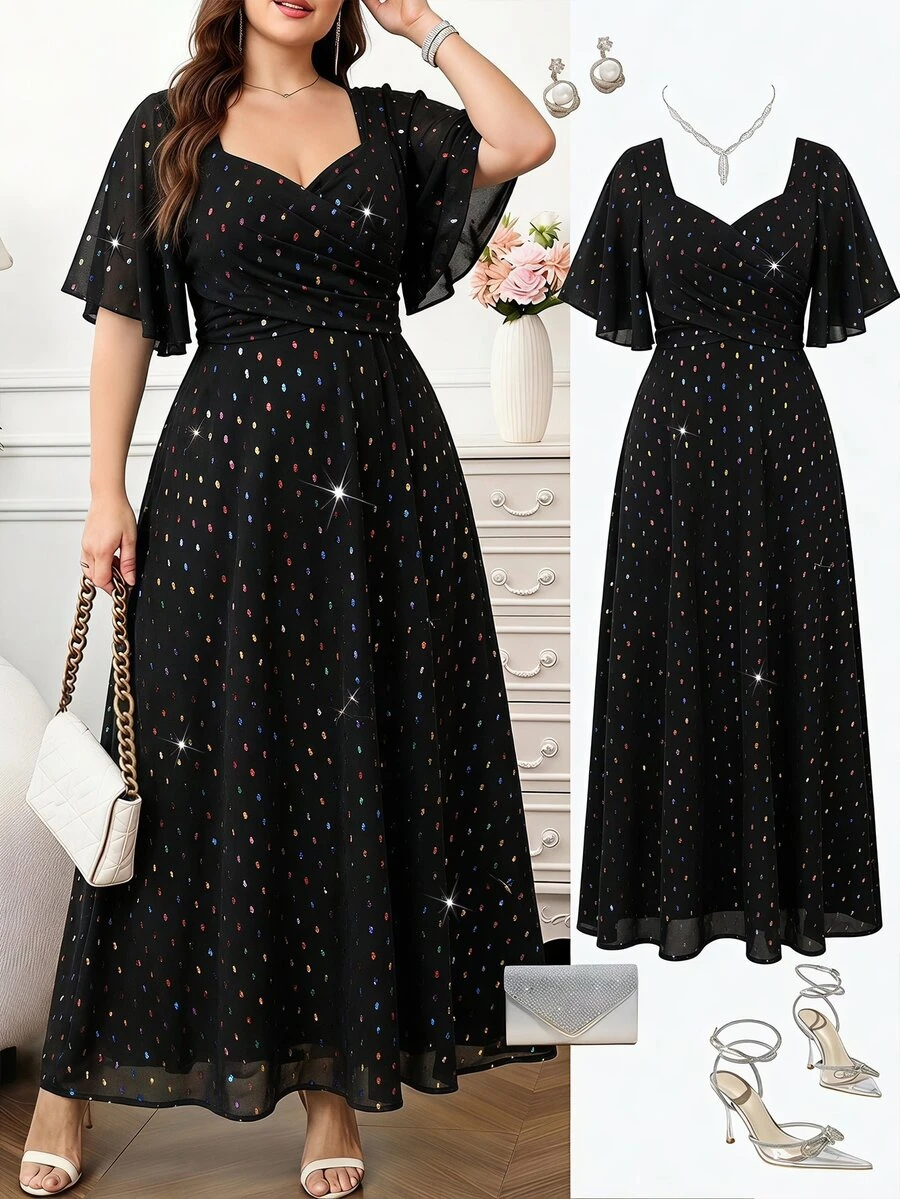 Reflora Plus Size Women's Colorful Polka Dot Sweetheart Neckline Ruffle Short Sleeve Elegant Dress Christmas