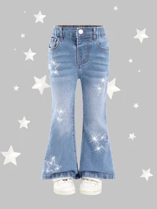 SHEIN 女童 Y2K 復古時尚星星水鑽亮片牛仔喇叭褲，適合學校、校園、日常穿著，秋冬款 - 淺色水洗藍 - 查看 10