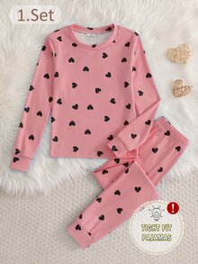 Tween Girls' 2pcs Heart Print Long Sleeve Pants Snug Fit Pajama Lounge Set - Pink - View 6