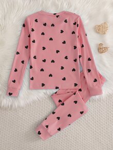 Tween Girls' 2pcs Heart Print Long Sleeve Pants Snug Fit Pajama Lounge Set - Pink - View 2