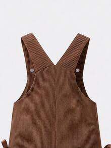 SHEIN Vintaside Kids 女嬰燈芯絨吊帶褲，四季適用，可愛風格，咖啡棕色配棕色蝴蝶結裝飾，胸前口袋設計，寬鬆直筒連身褲，柔軟舒適，適合上學、通勤、日常外出 - 咖啡棕 - 查看 8