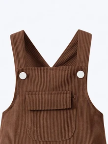 SHEIN Vintaside Kids 女嬰燈芯絨吊帶褲，四季適用，可愛風格，咖啡棕色配棕色蝴蝶結裝飾，胸前口袋設計，寬鬆直筒連身褲，柔軟舒適，適合上學、通勤、日常外出 - 咖啡棕 - 查看 5