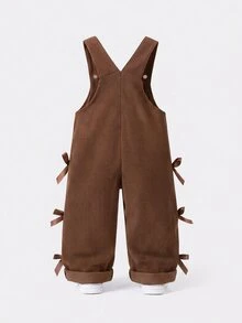 SHEIN Vintaside Kids 女嬰燈芯絨吊帶褲，四季適用，可愛風格，咖啡棕色配棕色蝴蝶結裝飾，胸前口袋設計，寬鬆直筒連身褲，柔軟舒適，適合上學、通勤、日常外出 - 咖啡棕 - 查看 3