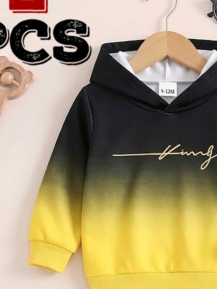 2pcs Baby Boys Sets Family Matching Rock Black And Yellow Gradient Letter Print Long Sleeve Hooded Ribbed Cuff Pants Autumn Vacation Photoshoot - Multicolor - View 9