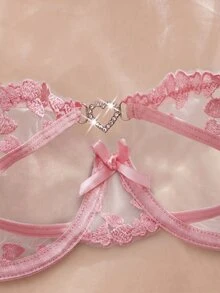 SHEIN 女款愛心刺繡網紗鋼圈內衣與短褲兩件套 - 粉色 - 查看 4