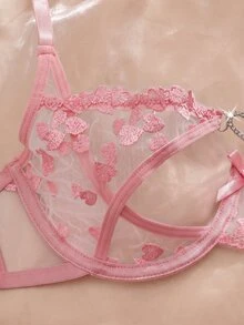 SHEIN 女款愛心刺繡網紗鋼圈內衣與短褲兩件套 - 粉色 - 查看 5