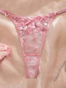 SHEIN 女款愛心刺繡網紗鋼圈內衣與短褲兩件套 - 粉色 - 查看 6