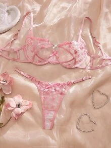 SHEIN 女款愛心刺繡網紗鋼圈內衣與短褲兩件套 - 粉色 - 查看 3