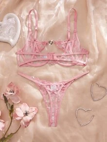 SHEIN 女款愛心刺繡網紗鋼圈內衣與短褲兩件套 - 粉色 - 查看 2