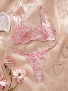 SHEIN 女款愛心刺繡網紗鋼圈內衣與短褲兩件套 - 粉色 - 查看 1