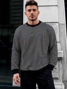 Manfinity CasualCool 男士舒適條紋布料長袖套頭襯衫，適合正式或休閒場合、休閒度假、晚餐聚會、簡約辦公、居家休閒穿著，百搭風格，適合自用或送給朋友的禮物，熱銷舒適條紋襯衫 - 黑與白 - 查看 6