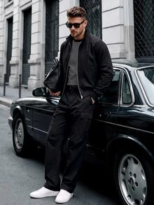 Manfinity CasualCool 男士舒適條紋布料長袖套頭襯衫，適合正式或休閒場合、休閒度假、晚餐聚會、簡約辦公、居家休閒穿著，百搭風格，適合自用或送給朋友的禮物，熱銷舒適條紋襯衫 - 黑與白 - 查看 4