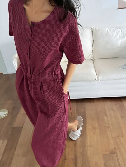 DAZY Women's Textured Button Pleated Pajama Jumpsuit With 3/4 Length Pants