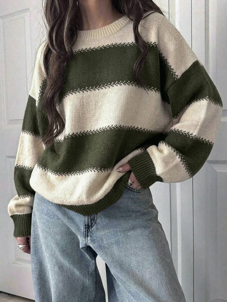 DAZY Women's Striped Loose Long Sleeve Crew Neck Sweater Y2k - Army Green - View 3