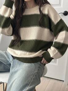 DAZY 女款條紋寬鬆長袖圓領毛衣 Y2K 風格 - 軍綠色 - 查看 5