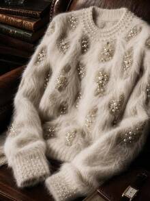 AKNOTIC Men's Leopard Print Jacquard Loose Pullover Sweater Vintage Crewneck Sweater,Cable Knit Sweater,Oversized Sweater Halloween Winter Party Autumn - Apricot - View 2