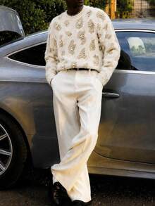 AKNOTIC Men's Leopard Print Jacquard Loose Pullover Sweater Vintage Crewneck Sweater,Cable Knit Sweater,Oversized Sweater Halloween Winter Party Autumn - Apricot - View 3