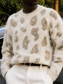 AKNOTIC Men's Leopard Print Jacquard Loose Pullover Sweater Vintage Crewneck Sweater,Cable Knit Sweater,Oversized Sweater Halloween Winter Party Autumn - Apricot - View 4