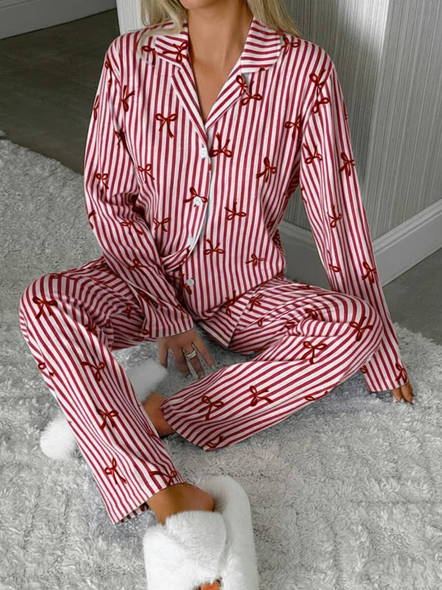 SHEIN Cottnline طقم بيجامة نسائي مقاس كبير قطعتين بأزرار أمامية ونقشة خطوط Bot ملابس منزلية وليلية لطيفة باللونين الأحمر والأبيض للعروس
