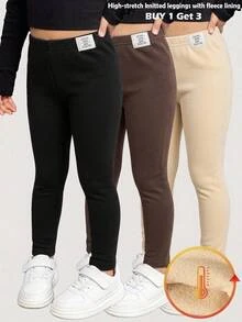 女童秋冬加絨針織素色休閒百搭內搭褲 3件套 冬季萬聖節聖誕節秋季 - 彩色 - 查看 7