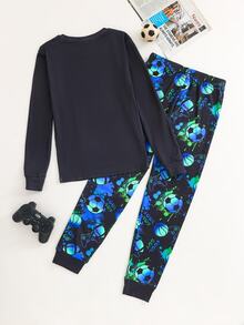 SHEIN 2pcs Kids Tween Boy Casual Daily Comfortable Neon Game Console And Neon Soccer Pattern Crew Neck Pullover Pajama Top And Pants Knit Loungewear Tight Set - Black - View 2