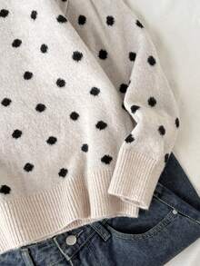 SHEIN Kids Tween Girls Polka Dot Printed Round Neck Sweater For Fall/Winter Back To School - Apricot - View 7