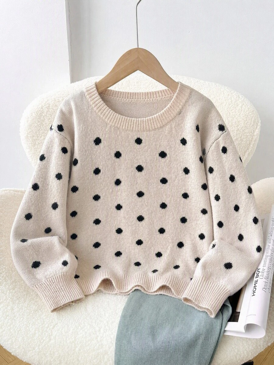 SHEIN Kids Tween Girls Polka Dot Printed Round Neck Sweater For Fall/Winter Back To School - Apricot - View 1