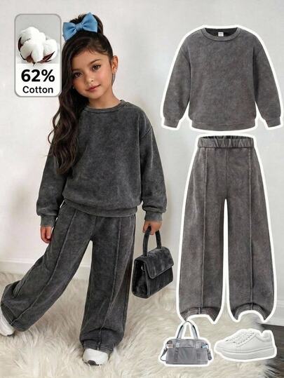 SHEIN Kinder Kleine Mädchen Strick Einfarbig Rundhals Locker Lässig Sweatshirt und Gerade geschnittene Hose 2 Stücke Set, geeignet für Herbst und Winter