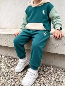 2pcs Kids Young Boy Autumn/Winter Casual Green Colorblock Sweatshirt & Sweatpants Set, Autumn/Winter Set, Boys Set, Sweatshirt Set, Christmas Set, Tracksuit Boy Joggers - Multicolor - View 1