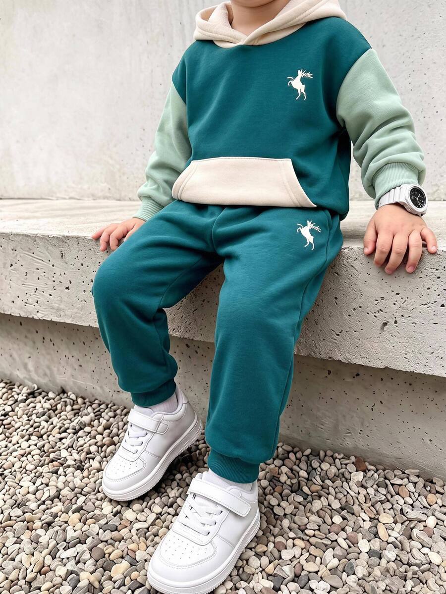 2pcs Kids Young Boy Autumn/Winter Casual Green Colorblock Sweatshirt & Sweatpants Set, Autumn/Winter Set, Boys Set, Sweatshirt Set, Christmas Set, Tracksuit Boy Joggers - Multicolor - View 1