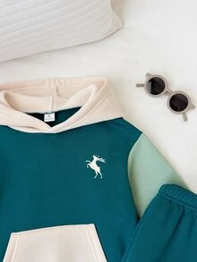 2pcs Kids Young Boy Autumn/Winter Casual Green Colorblock Sweatshirt & Sweatpants Set, Autumn/Winter Set, Boys Set, Sweatshirt Set, Christmas Set, Tracksuit Boy Joggers - Multicolor - View 8