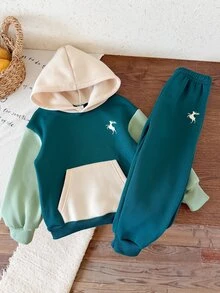 2pcs Kids Young Boy Autumn/Winter Casual Green Colorblock Sweatshirt & Sweatpants Set, Autumn/Winter Set, Boys Set, Sweatshirt Set, Christmas Set, Tracksuit Boy Joggers - Multicolor - View 4